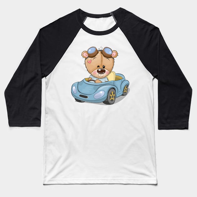 Cute teddy bear sitting behind the wheel of a car Baseball T-Shirt by Reginast777